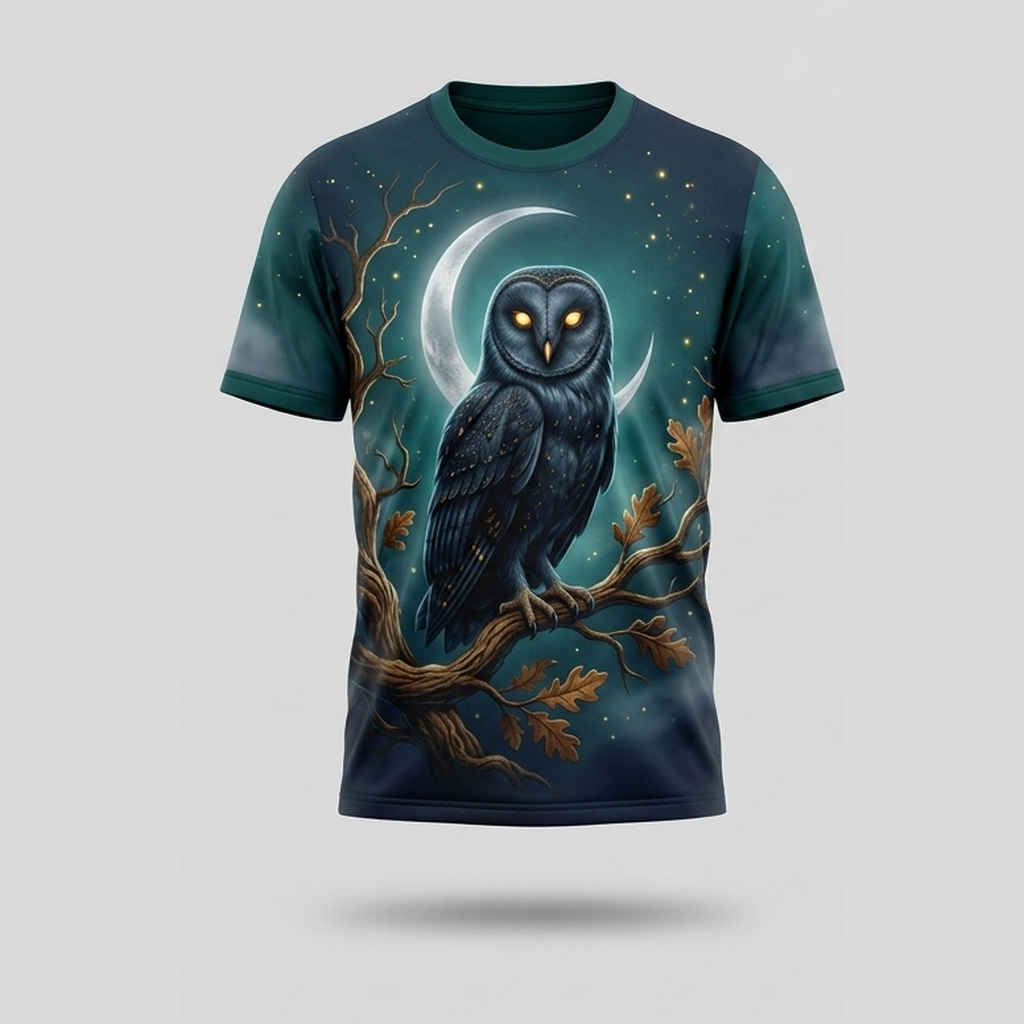 Mystic Barn Owl Crescent Moon Branch Aop Tshirt