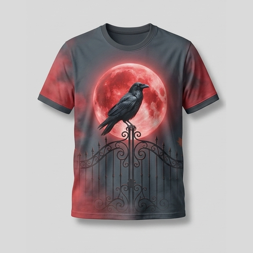 Gothic Raven Crimson Blood Moon Gate Aop Tshirt