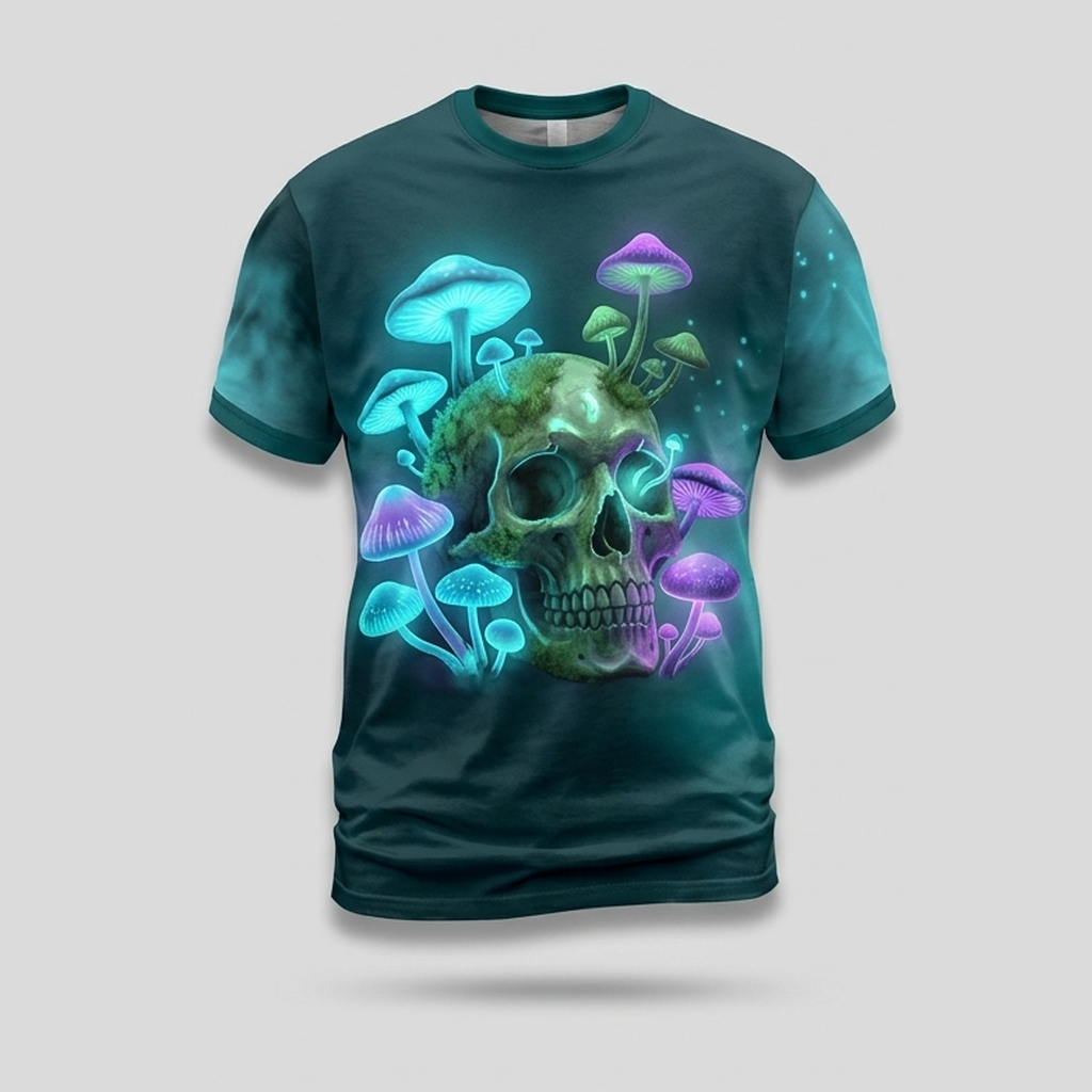 Biolumineszenter Pilzwald Schädel Allover-Print T-Shirt
