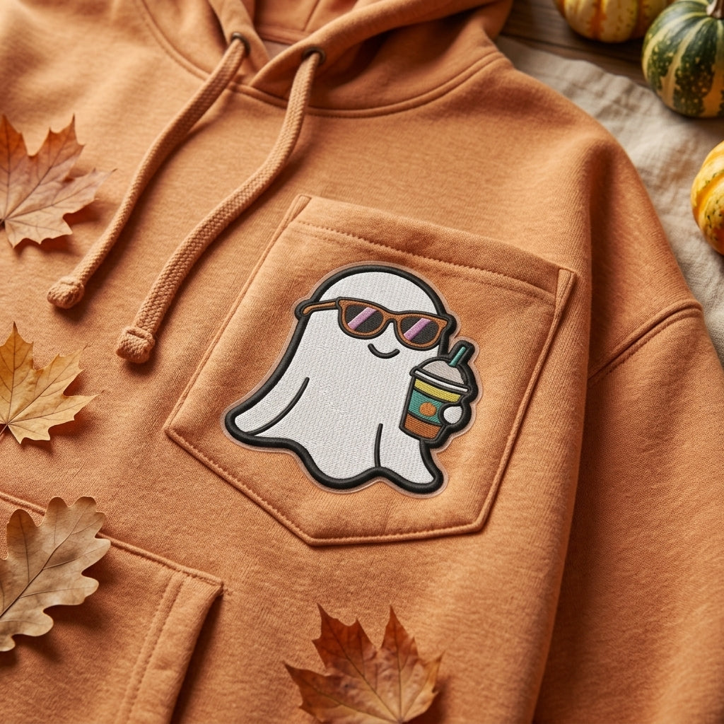 Stay Spooky Cute Ghost Coffee Pumpkin Spice Halloween Embroidered Heat Seal Patch Hoodie 4 Inch File Only