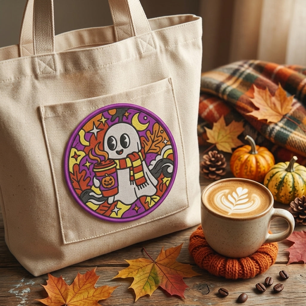 Retro Halloween Spooky Ghost Coffee Cup Vintage Cute Embroidered Iron On Patch 4 Inch