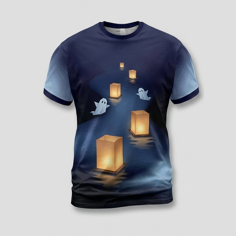 Origami Papier Geist Schwimmende Laterne Fluss Allover-Print T-Shirt