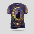 Stained Glass Black Cat Crescent Moon Lantern Aop Tshirt