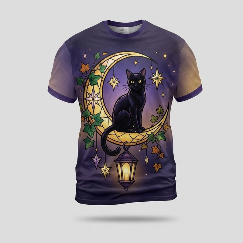 Buntglas Schwarze Katze Halbmond Laterne AOP T-Shirt
