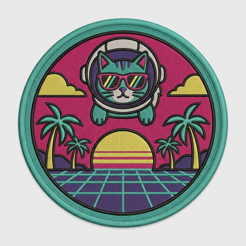 Retro Synthwave Space Cat Neon Pop Bestickter Aufnäher zum Aufbügeln Hoodie 4 Zoll Nur Datei