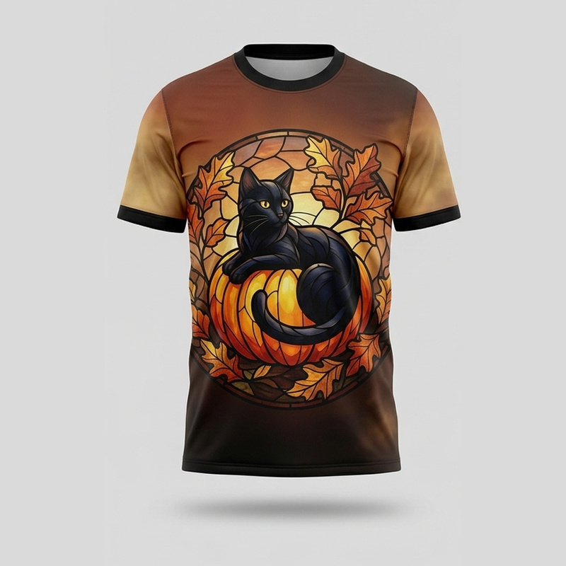 Buntglas Schwarze Katze Kürbisfeld Mosaik AOP T-Shirt