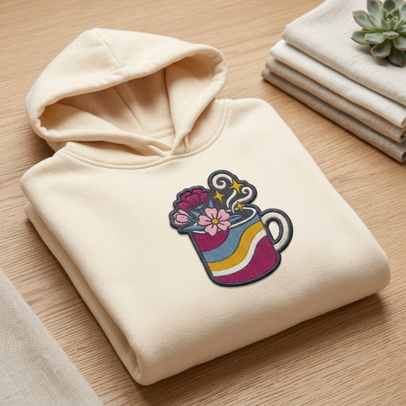 Kindness Is Magic Retro Coffee Flower Positive Bestickter Bügelflicken Hoodie 4 Zoll Nur Datei